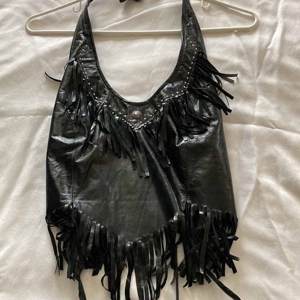 Leatherette Studded Black Fringed Halter